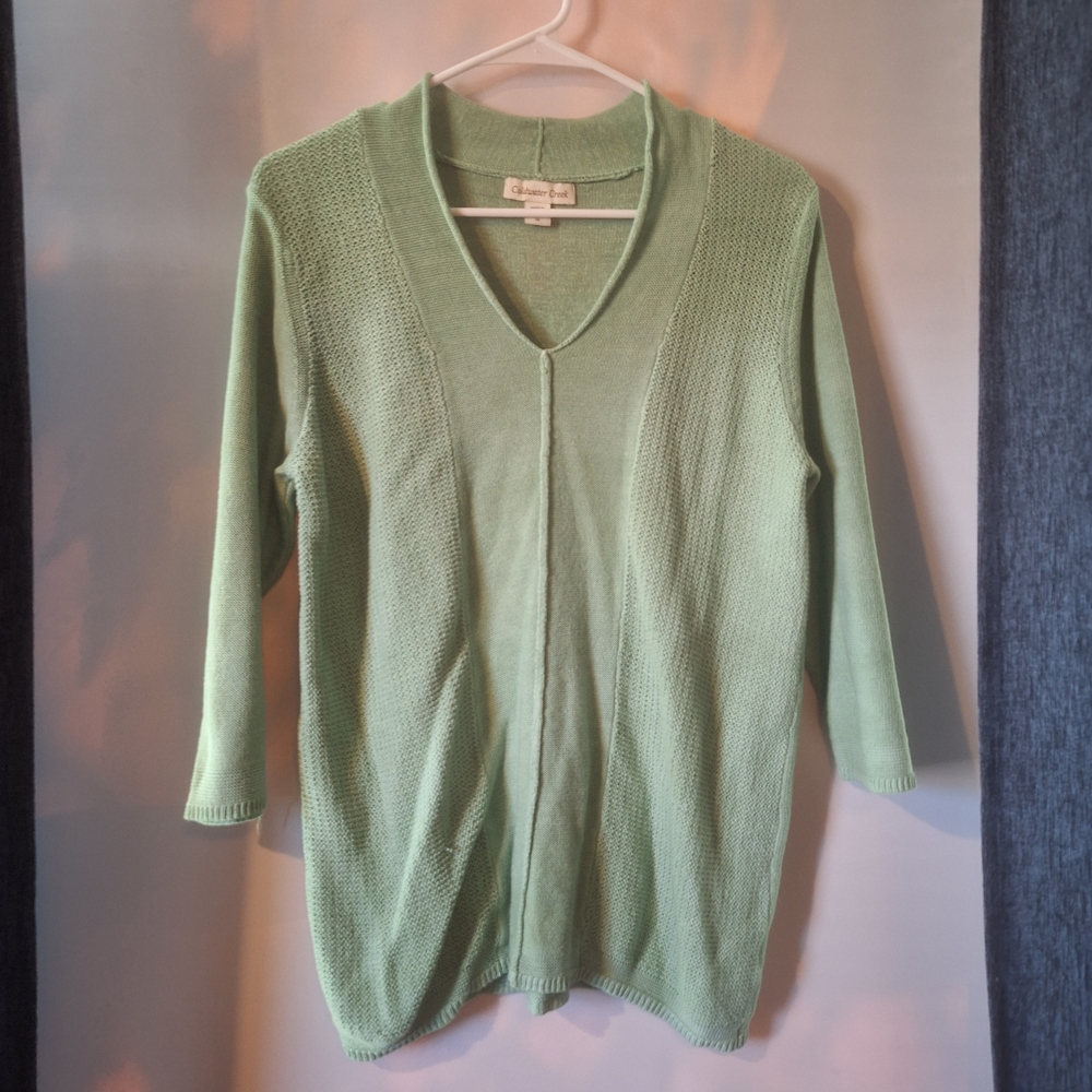 Green V-Neck Women's Sweater 3/4 Sleeve L Cotton Blend